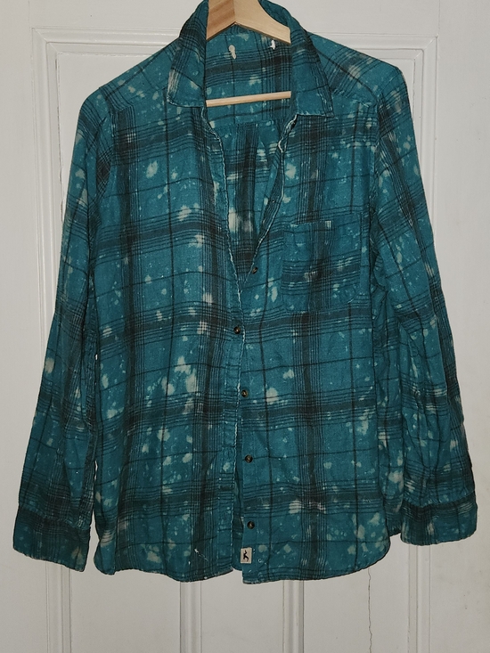 Hollister Tops - Hollister Teal Plaid Button-Up Shirt with Bleach Splatter